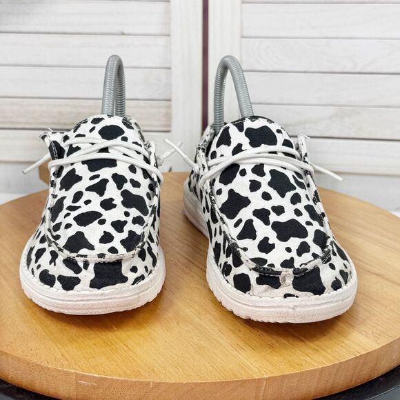 Hey Dude Wendy Milky Way Cow Print Canvas Slip On Shoes White Black Womens 6 - Picture 2 of 12